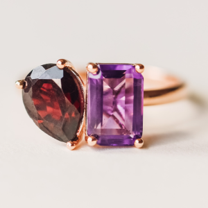 Toi et Moi Ring with Amethyst and Garnet in 14kt Rose Gold